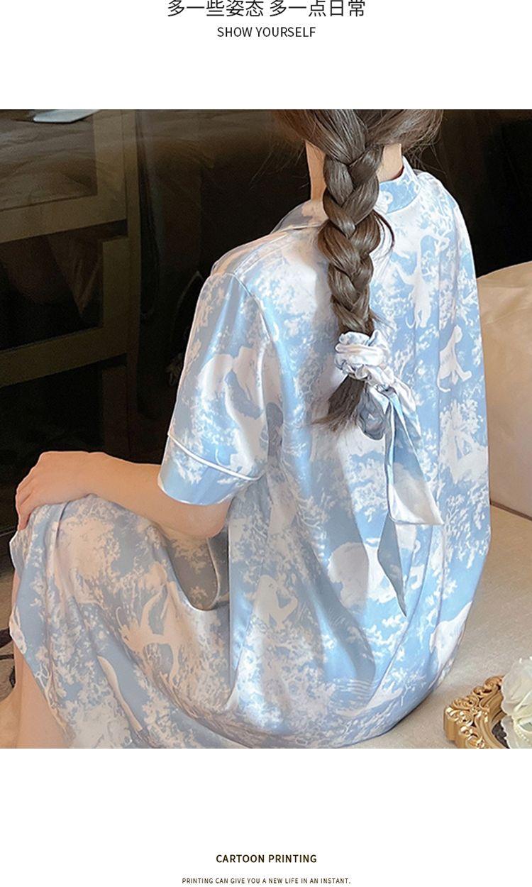 Product Introduction of Ice Silk Nightdress for Women Long Dress Summer 2025 New Ins Style High-Value Jungle Print Shirt Pajama Dress 11
