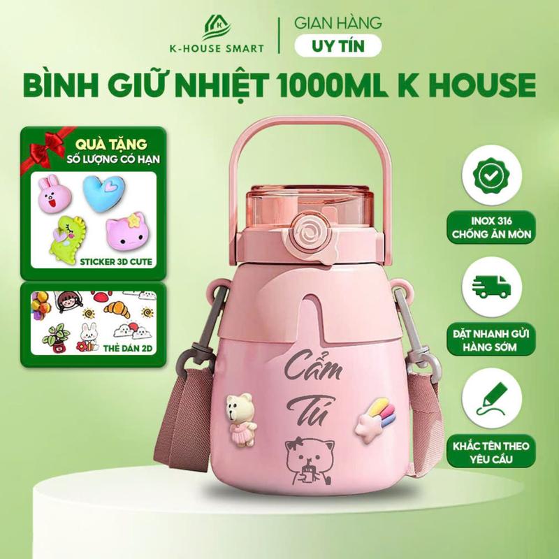 Bình nước giữ nhiệt lõi inox 316 1000ml kiểu mới sơn bóng dễ thương 2 ống hút cute tặng dây đeo,cọ ống hút và sticker trang trí K-House Smart