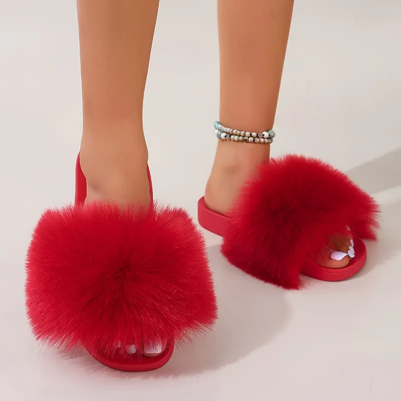 Women's Fluffy Furry Slippers, Fashion Solid Color Open Toe Indoor & Outdoor Shoes, Stylish Flat Slide Shoes