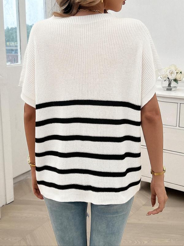 Women's Striped Print Pocket Batwing Sleeve Knit Top, Casual Short Sleeve Round Neck Knitwear, Fashion Ladies' Knit Clothing for Summer Daily Wear 4