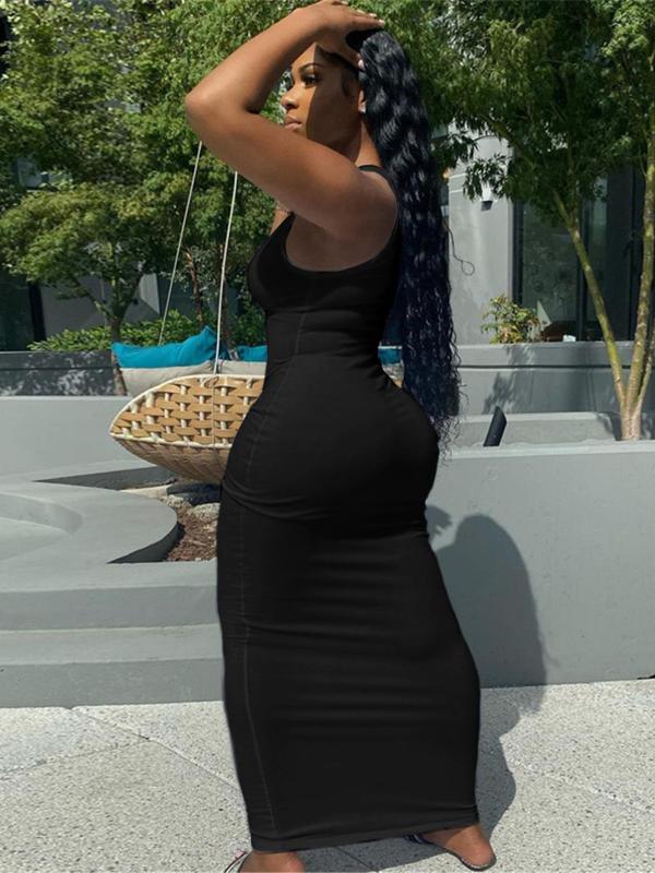 Women's Plain Ripped Notched Neck Bodycon Dress, Casual Sleeveless Long Dress for Summer, Ladies Clothes for Nightclub Party Daily Wear 7