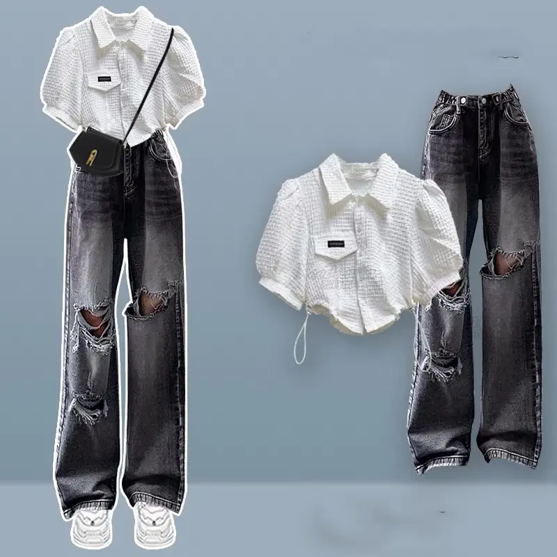 Baggy Jeans Ống Rộng Đai Nút Xám Rách Phối Sơ Mi Xốp Rút Dây