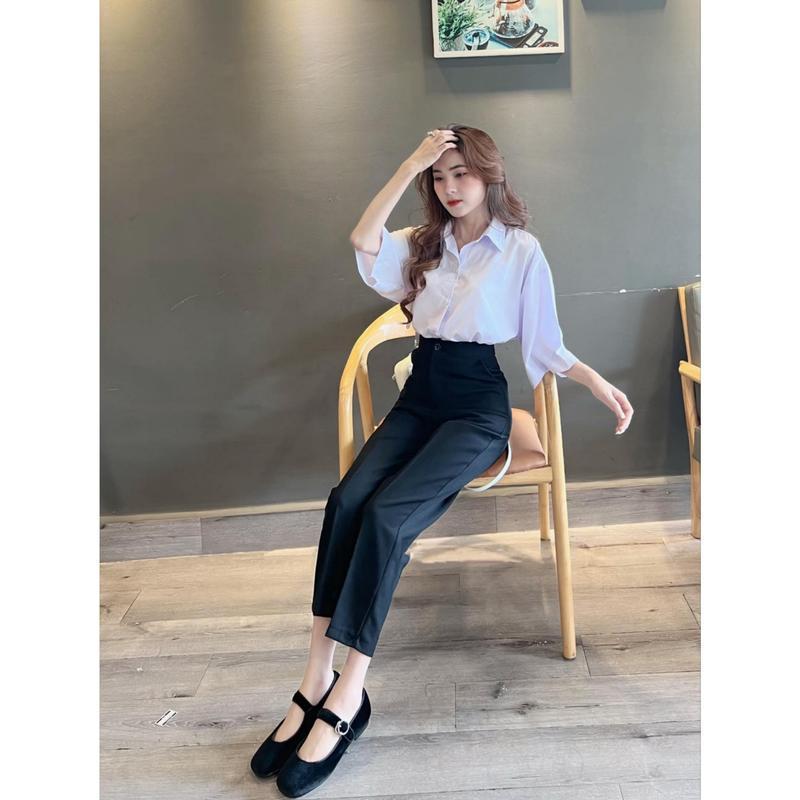 Quần Tây Nữ Lưng Cao Ống Đứng Dáng Dài Có Đai Co Dãn Nhẹ 1 Khuy Chất Vải Mềm Đen Quần Vải Baggy Nữ Cạp Cao Đi Học Sinh Đi Học Ong Pants Women Kem 3