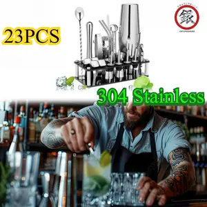 (Food Grade)23PCS/Set 304 Stainless Steel 23 In 1 Paket Lengkap Cocktail Shaker Stainless Barista / Barista Bar Set Tools / Perlengkapan Bartender Set Premium Cocktail Boston Shaker Set/Bar Tender Mixer/ Cocktail Shaker Stainless Rak Barista Bar Set Tools