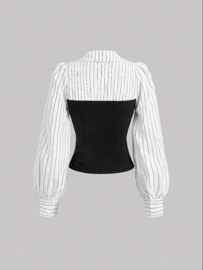 Product Introduction of Women's Patchwork Striped Print Bishop Sleeve Split Hem Blouse, Elegant Long Sleeve Collared V Neck Top for Fall & Winter, Women's Clothing for Daily Wear 13