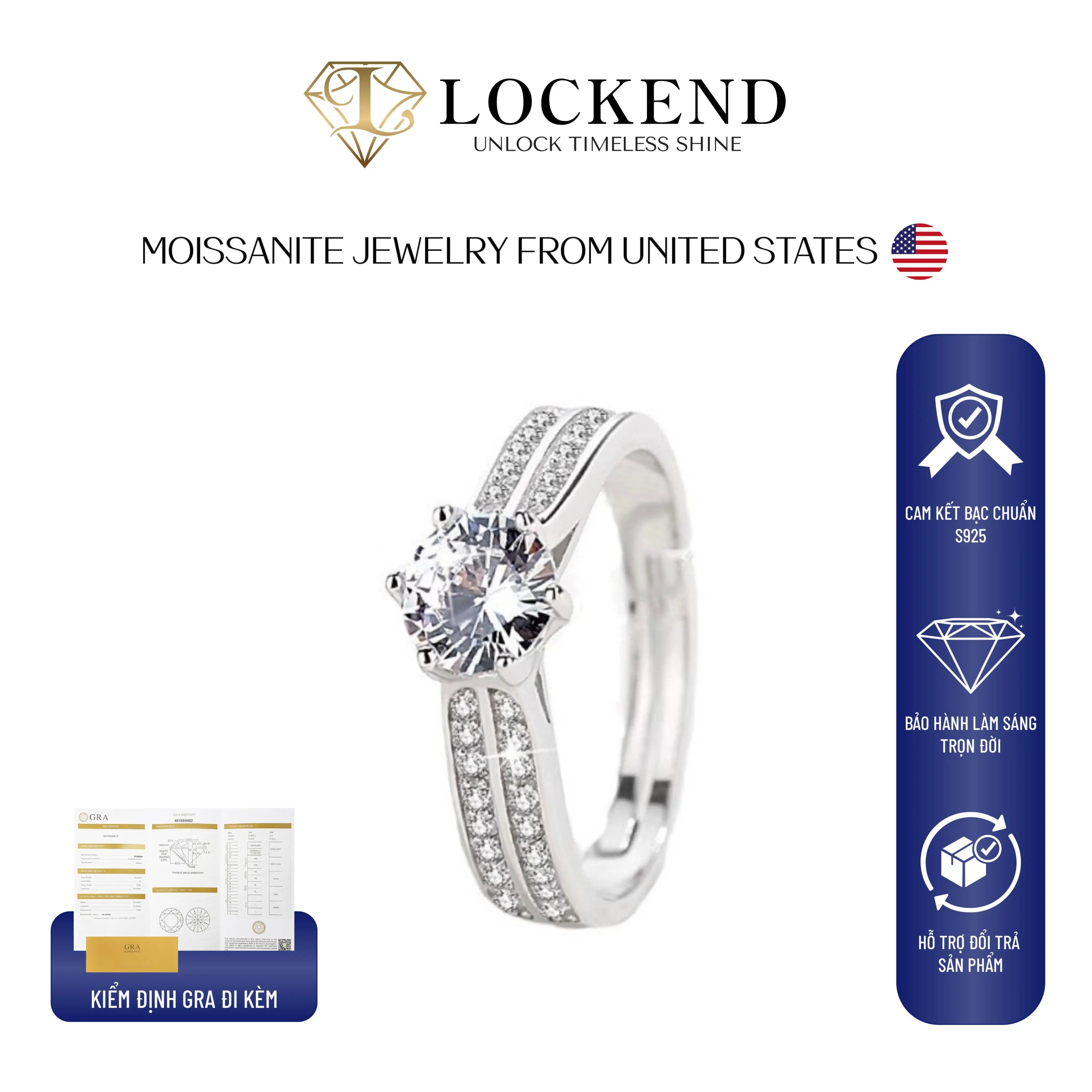 Nhẫn nữ 6 chấu bạc 925 viền đính đá Moissanite 1 carat màu D có chứng chỉ GRA sang trọng ZZ-01