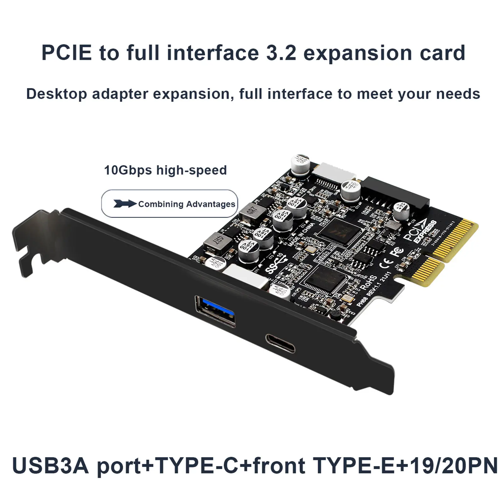 Thẻ mở rộng PCIe 3.0 sang USB3.2 Express, heihace, dành cho Windows, có đầu nối nguồn SATA, Type-C và Type-E, giao diện 19Pin và 20Pin, thẻ mở rộng cho bo mạch chủ