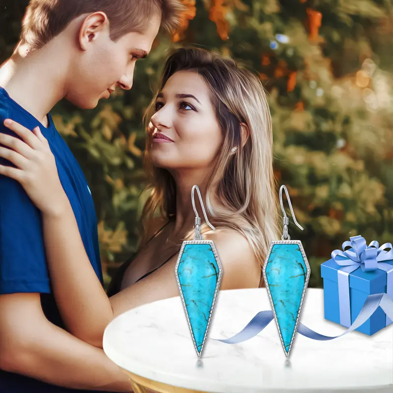 ZHENG make Natural Turquoise Earrings for Women 925 Sterling Silver Geometric Long Statement Fashion Dangle Earring Birthday Mothers Day 3