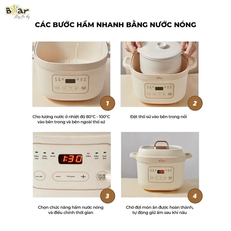 Nồi Bear 1.6l nấu cháo chậm ăn dặm cho  bé (1 thố to, 2 thố nhỏ) 2