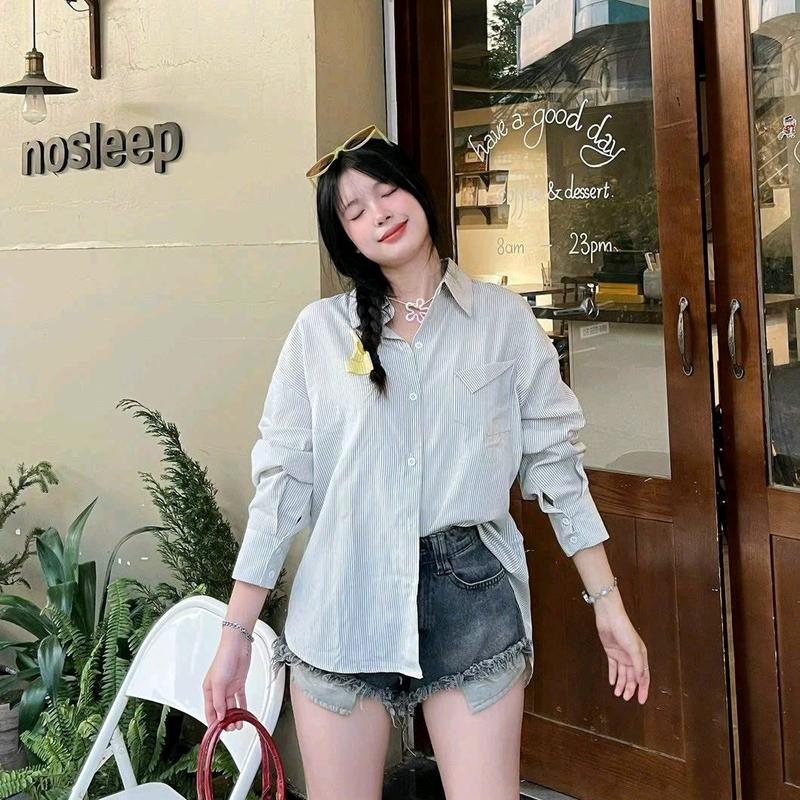 Áo  sơ-mi dáng rộng kẻ sọc cổ đức nơ sau bảng màu pastel xinh xắn 4