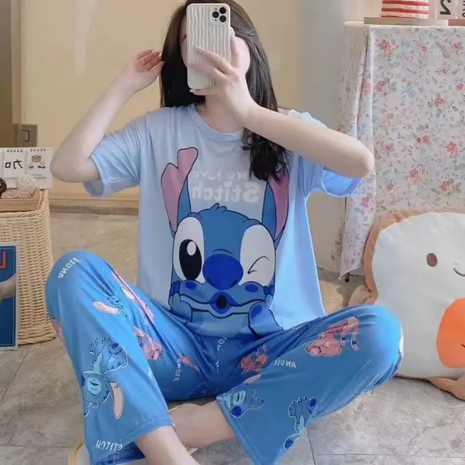 (Factory Store) Pajamas Women's Summer Korean-Style Thin Short-Sleeved Cropped Pants Suit Summer Loose Casual Homewear Loungewear Nightwear Womenswear Lingerie transparent  dress Pjs Trouser
