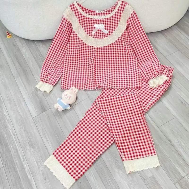 (40-56kg) Bộ pijama AD+QD cổ phối ren chất liệu đũi mềm mịn họa tiết karo kẻ nhiều màu mặc thu đông Nữ Women