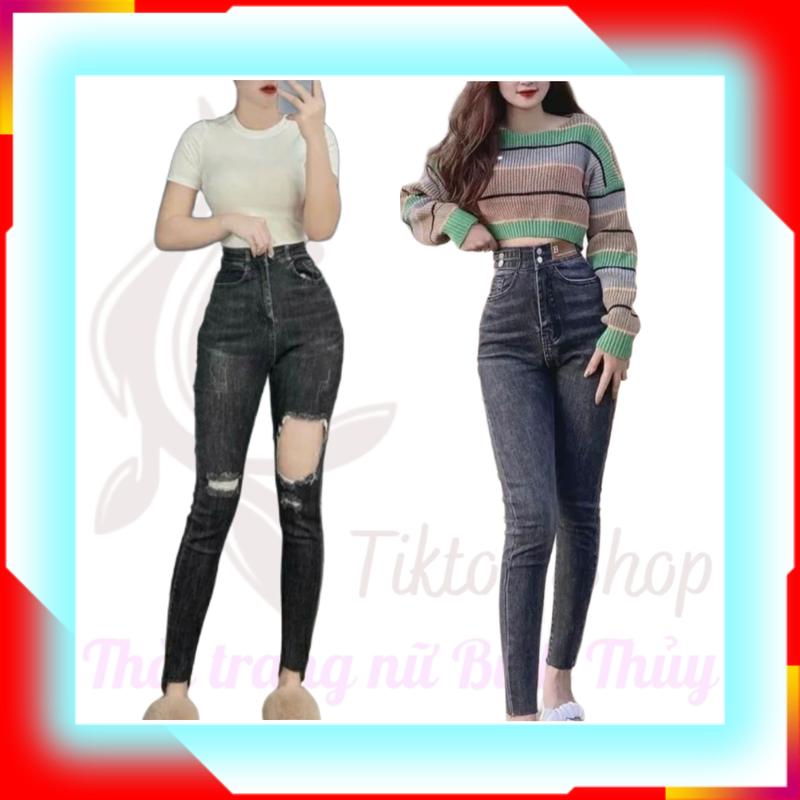 Quần jean nữ rách kiểu gấu vuông, quần bò nữ lưng cao dáng ôm rách đùi màu xám hàng Quảng Châu cao cấp Pants Denim Women