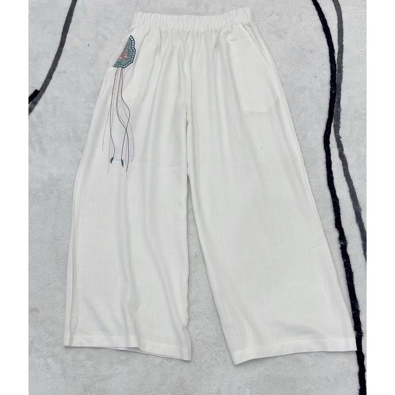 Quần linen 9 tấc thêu túi hoa sen ( Ms 18) Nữ Women 0