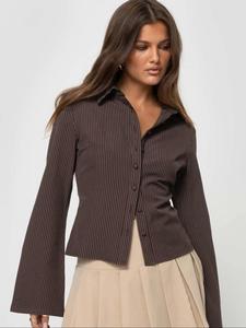 Women's Striped Print Long Sleeve Flared Sleeve Button Shirt, Vintage Elegant Collared Top for Office, Ladies Clothes for All Seasons