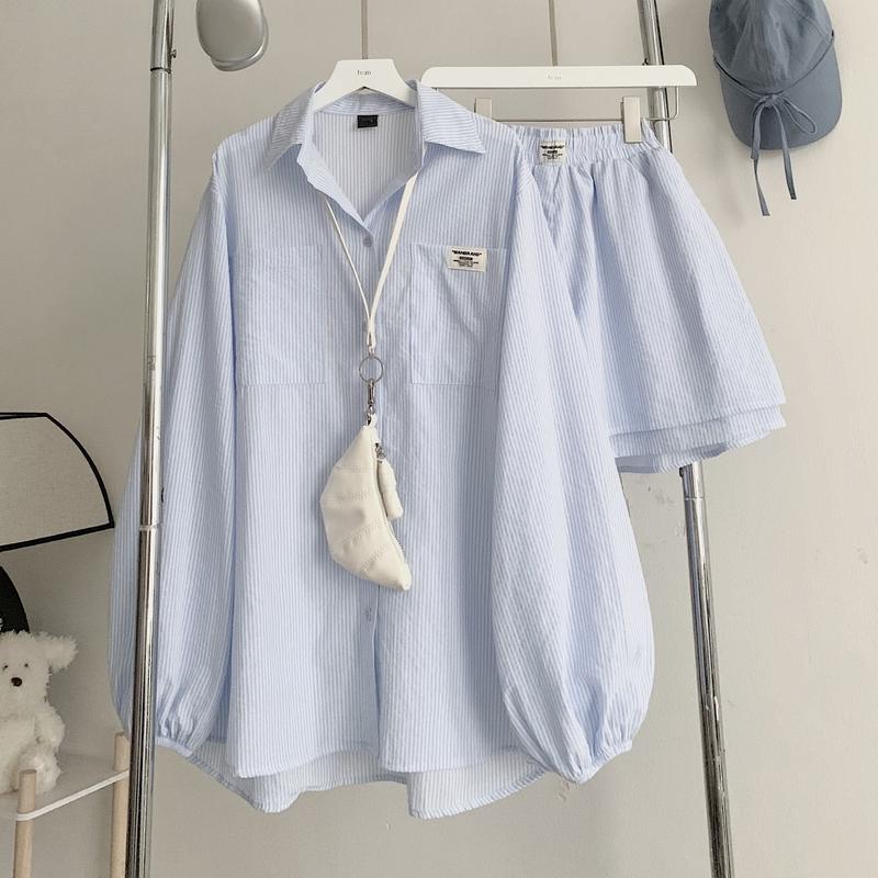 SET BỘ ĐI CHƠI ÁO SƠ MI SỌC TAY DÀI + QUẦN SHORT FORM RỘNG DOZA - 8183 - JEMCLOSET Nữ Cotton