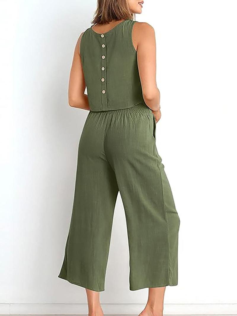 Product Introduction of Two-Piece Set Women's Solid Sleeveless Buttons Tank Top & Elastic Waist Wide Leg Capri Pants Set, Summer Outfits 2024, Casual Round Neck Top & Pocket Trousers Set for Summer, Ladies Clothes for Daily Wear 4