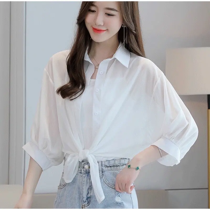 Sét áo sơ mi voan tay lủng kèm áo 2 dây trắng sang chảnh 1