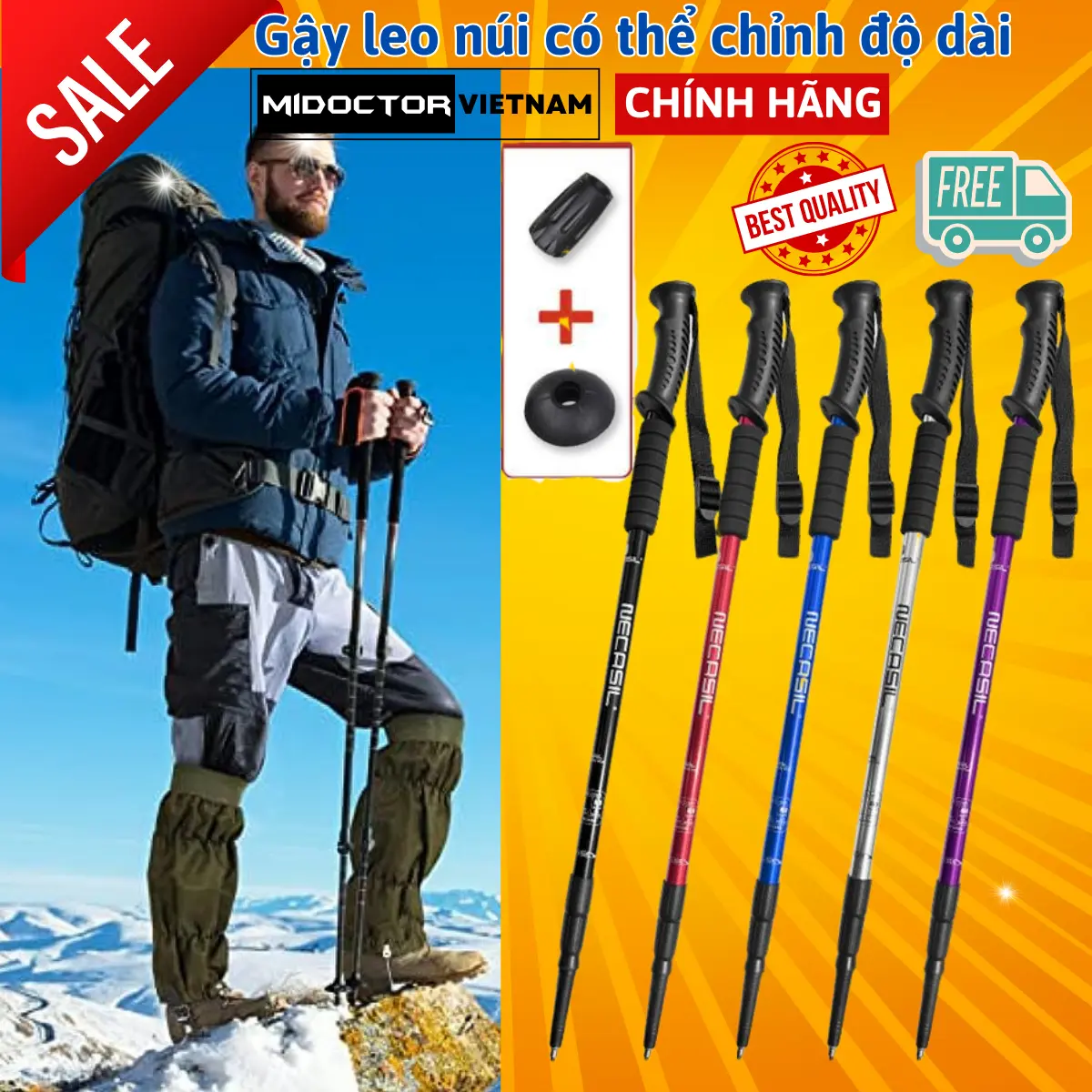 Gậy Leo Núi Gậy Trekking Từ 63 - 135cm Gậy Chạy Trail Gấp Khúc Dùng Du Lịch, Phượt, Dã Ngoại, Đi Bộ Đường Dài - Hãng miDoctor