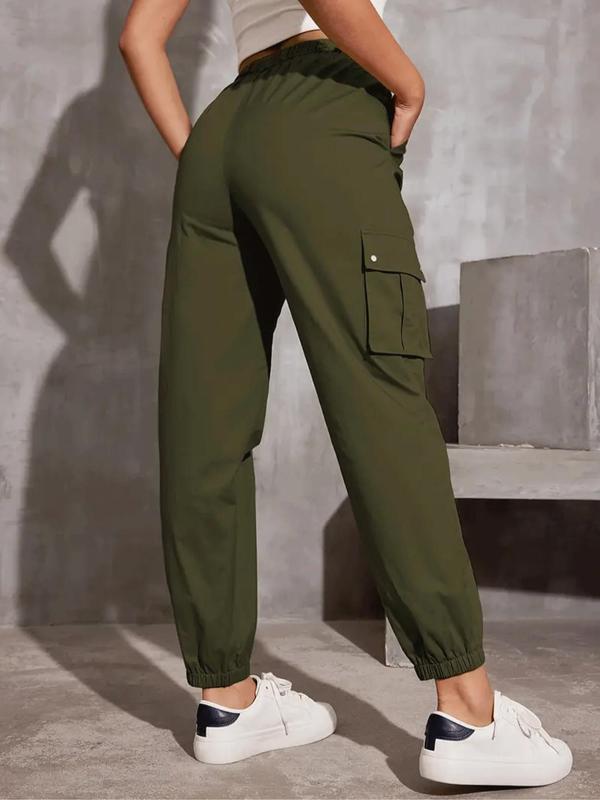 Women's Solid Pocket Drawstring Cargo Pants, Casual Y2K Style Pants for Daily Wear, Ladies Bottoms for Spring & Fall 1
