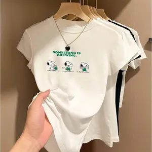 Áo thun nữ casual (giao hàng trong 24 giờ), in hoa tiết cartoon Snoopy dễ thương và theo xu hướng, cotton thuần regular tay ngắn, thời trang và đa dụng, thấm hút mồ hôi & thoáng khí, áo thoải mái, size S-L