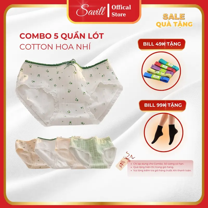 Combo 5 Quần lót nữ cotton dễ thương, Set 5  Quần lót viền ren đáy may mềm mịn họa tiết hoa nhí SAVILL L311 Women Voi 0