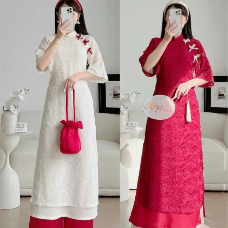 Áo dài cách tân hoạ tiết nơ thêu tay dáng suông 4 tà siêu xinh - áo dài lông vũ hót trend
