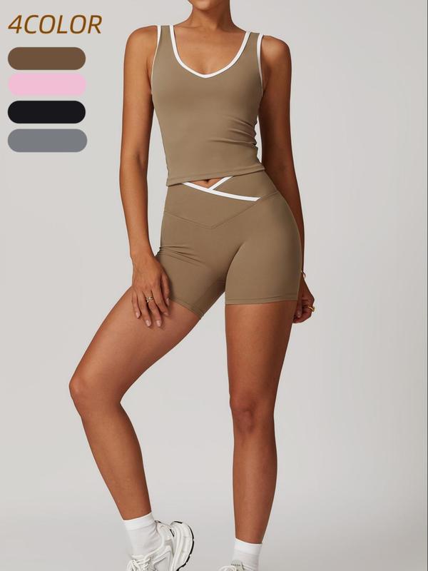 Two-piece Set Women's Solid Color Contrast Trim Sportswear Set, High Stretch Sporty Comfortable Breathable Backless Tank Top & High Waist V-shaped Waist Skinny Shorts for Yoga Gym Workout Running, Ladies Summer Sportswear,  Co-ord Sets for Women 2