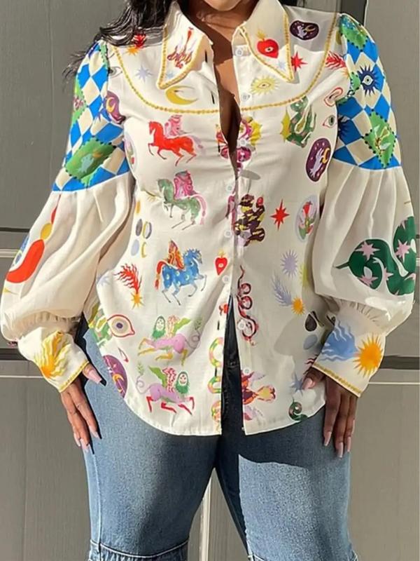 Plus Size Galaxy & Animal Print Button Front Shirt, Retro Lantern Sleeve Collared Top, Gift Set for Women, Women's Plus Clothes for Daily Wear 0