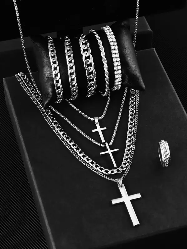 Men's Street Trend Cross Pendant & Cuban Chain Necklace, Rhinestone Decorated Chain Bracelet & Ring, Fashionable Jewelry Set As Gift without Box, Unique Gifts for Women 2