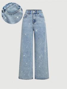 Jeans elegantes de cintura alta y pierna ancha para mujer, tela tejida ajustada, con adornos de pedrería, pantalones de moda para todas las estaciones