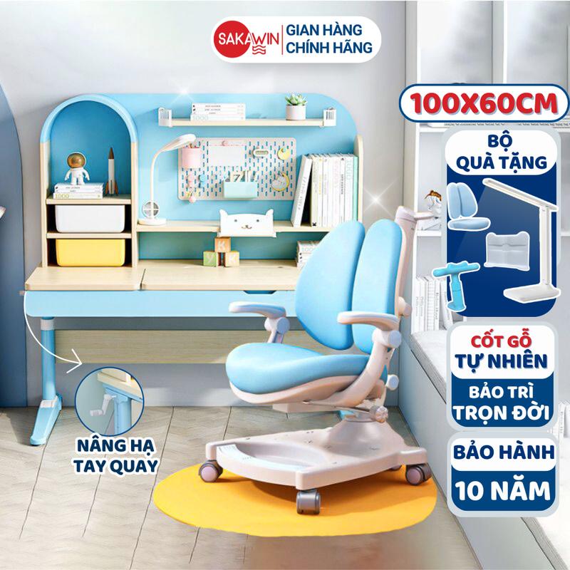 Sakawin Bàn học thông minh S4500+ cho bé, Bàn học chống gù gỗ tự nhiên cao cấp Nâng hạ chiều cao linh hoạt Thiết kế đẹp, hiện đại