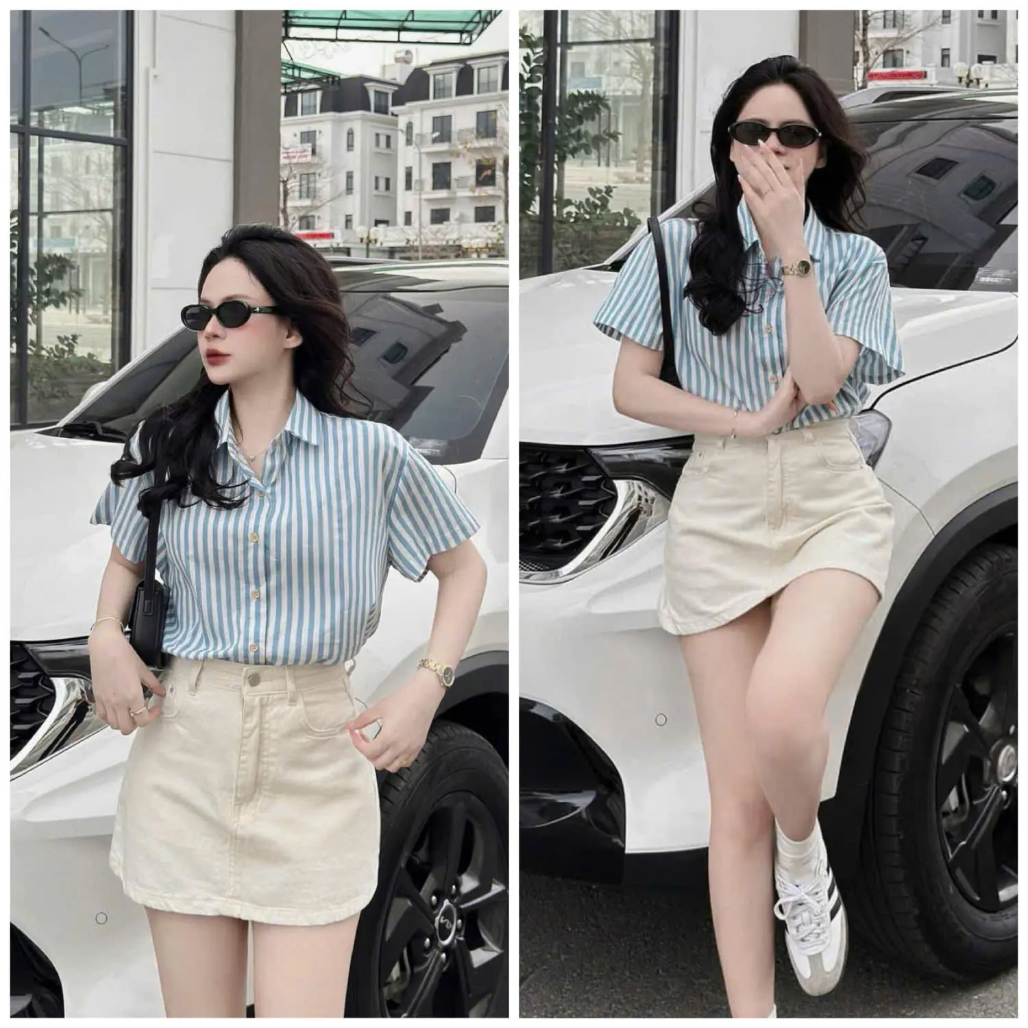 Áo cơ mi kẻ sọc cộc tay nữ sang chảnh tôn da Top Women
