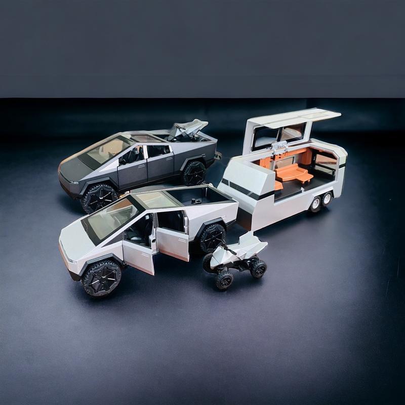 Combo Mô Hình Xe Tesla Cybertruck XHD ô tô mini + xe máy đồ chơi kim loại Cyber Truck mở được cửa, có đèn âm thanh