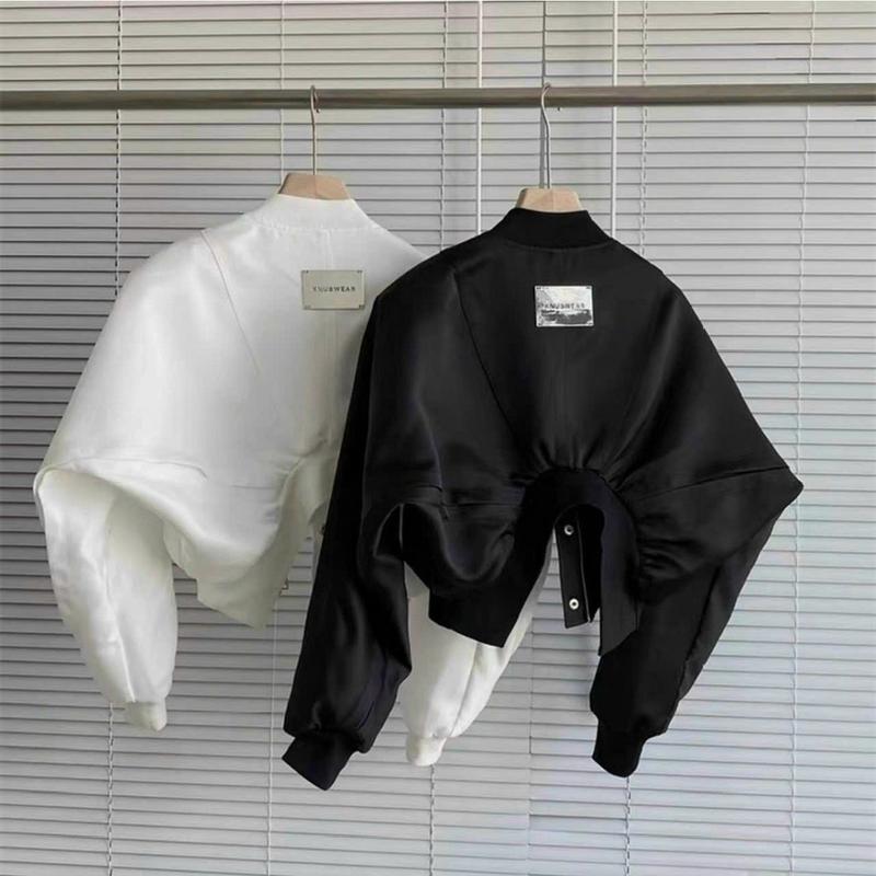 Áo Khoác Nữ Chất DA Lộn 2 Lớp Lót Dù Nút Bấm Bo Thun Lai Luưng Thân Sau - Kiểu Áo Bomber Croptop Lửng Có KHóa Kéo Zip Jacket Women Kem Đen