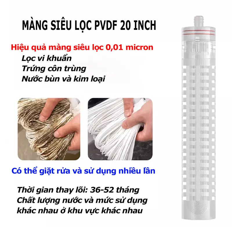Cốc Lọc Chặn 20 inch và Màng siêu lọc Pvdf lắp trước máy lọc RO loại bỏ rong rêu, bùn đất, rỉ sét, kim loại nặng 8