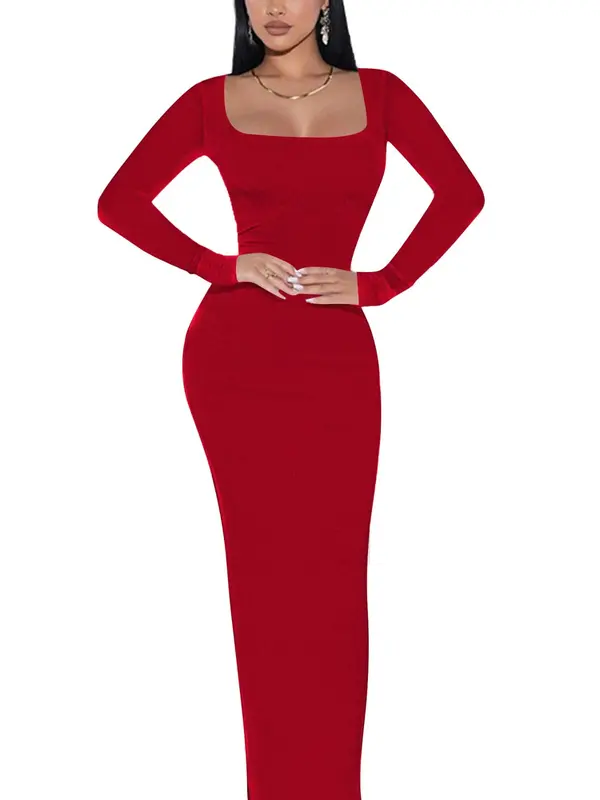 Women's Plain Ribbed Bodycon Dress, Casual Long Sleeve Ribbed Dress for Spring & Fall, Women's Clothing for Daily Wear 5