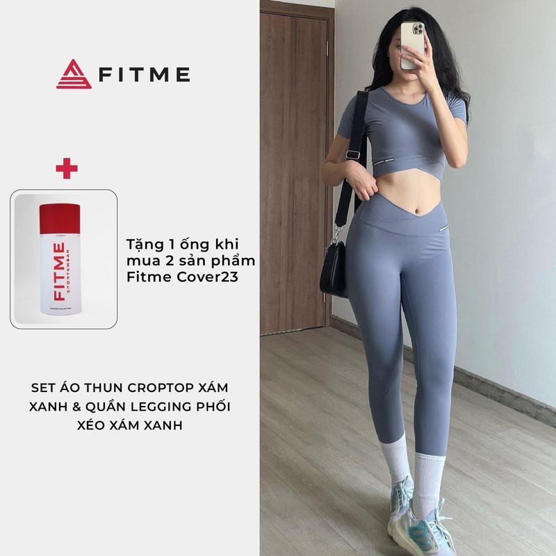 Bộ đồ thể thao tập gym yoga áo thun croptop quần legging phối xéo Fitme Cover23 Xám xanh