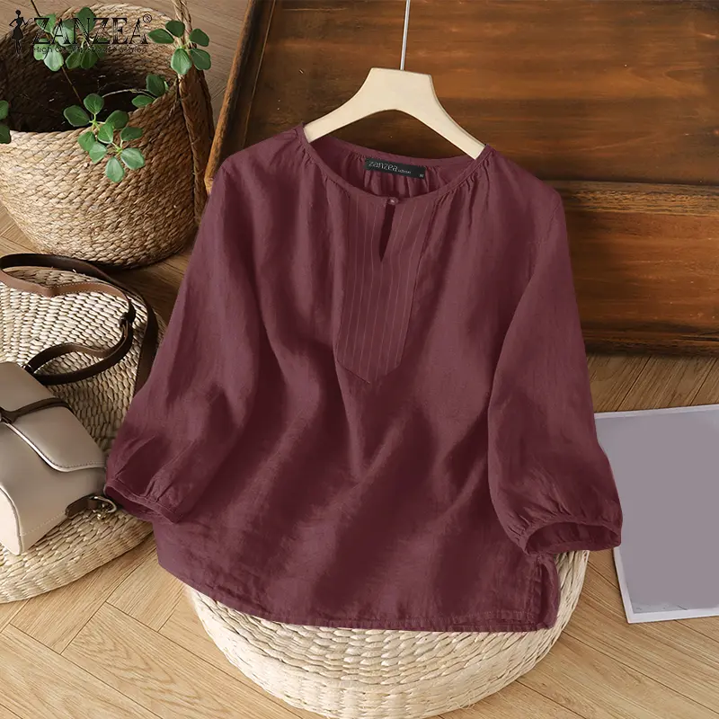 ZANZEA Women Summer Vintage 3/4 Sleeve Loose Blouses Hollow Out Crew Neck Pleated Solid Color Top *