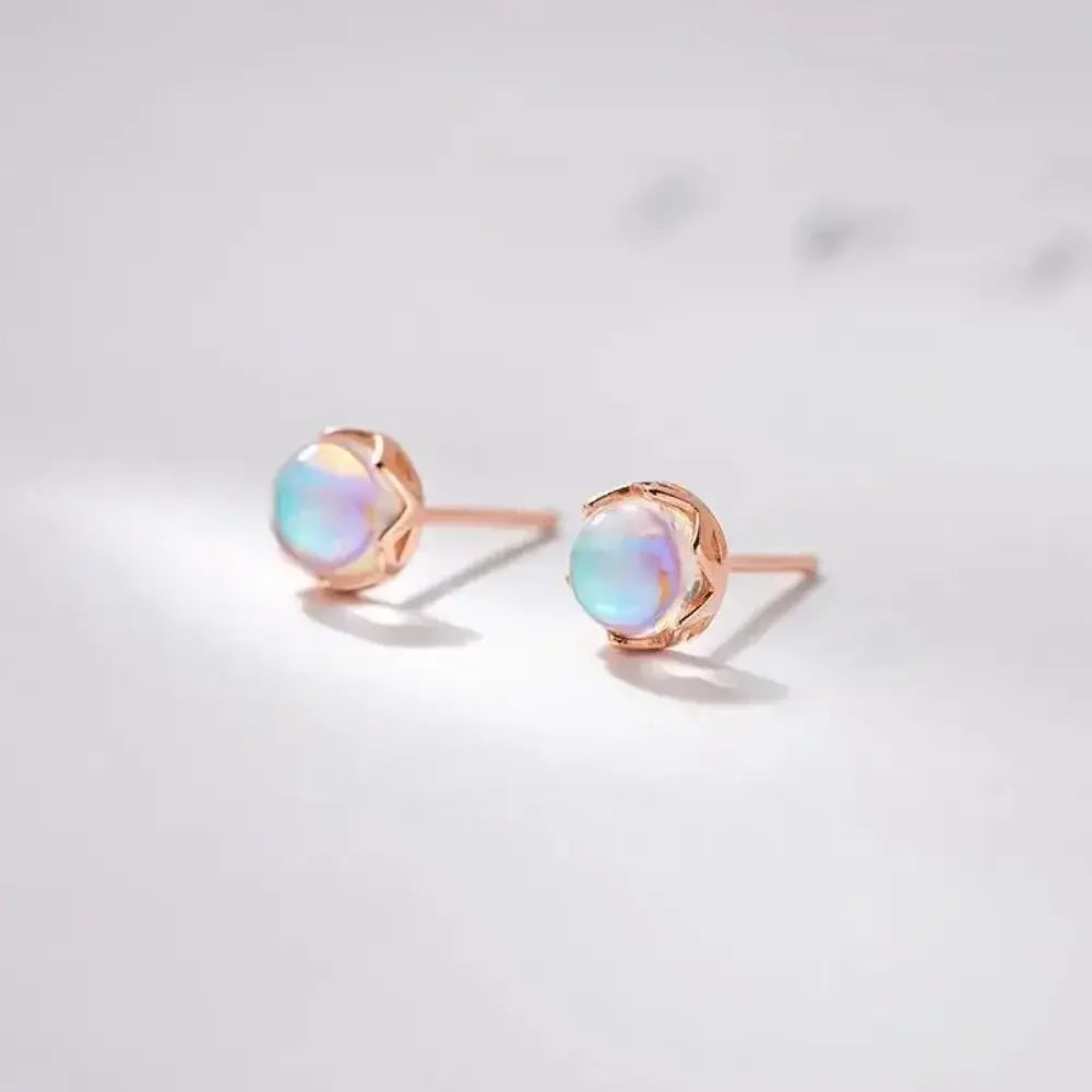 Mini Silver Color Moonstone Small Round Stud Earrings for Women Simple Design Luxury Personality Exquisite Girls Charm Jewelry