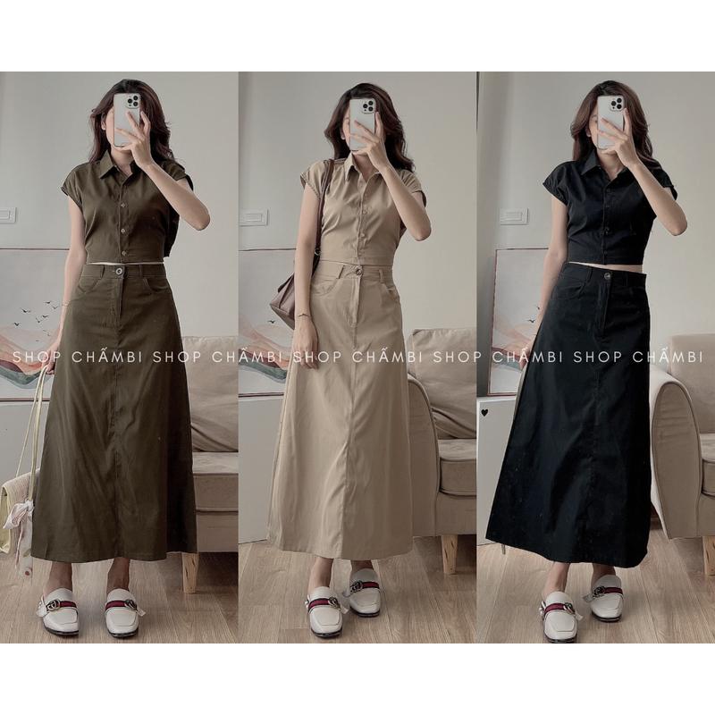 [XẢ HÀNG] Set đồ nữ đi chơi S.133, Set áo croptop cổ đức khoét nách nơ lưng kèm chân váy dáng dài 4 màu basic - Shop Chấm Bi