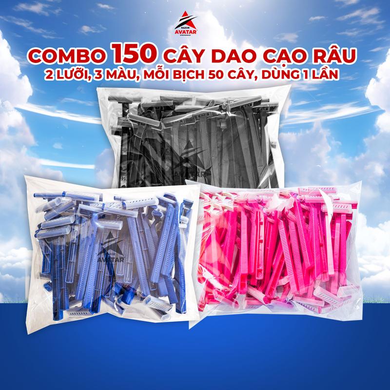 Combo 150 cây dao cạo râu 3 màu Avatar, có dãi bôi trơn, 2 lưỡi, dao cạo râu dùng 1 lần, chuyên khách sạn, xuất khẩu
