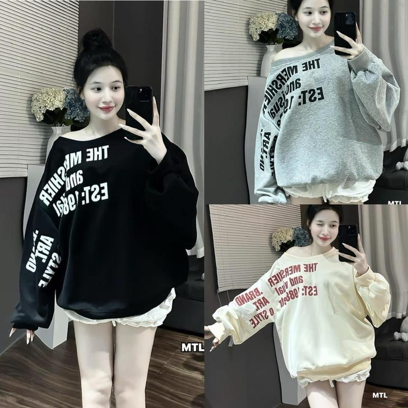 Áo nỉ sweater nữ form rộng chất nỉ da cá in hình Miu Women Top Hoodie Lệch Vai