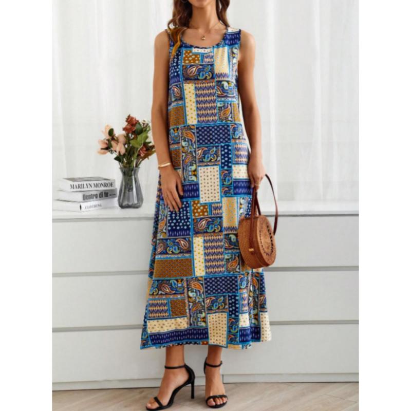 Women's Vintage Ethnic Patchwork Print Sleeveless Midi Dress - Casual Summer Loose Fit with Crew Neck, Lightweight Polyester-Elastane Blend, Vibrant Blue, Yellow, Black & White Patterns 1