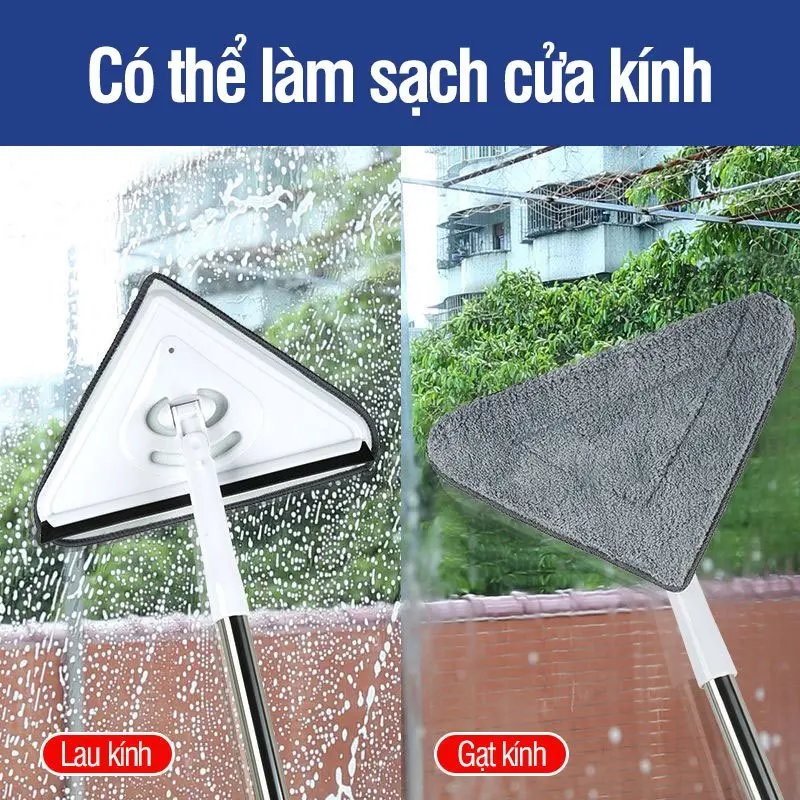 Cây lau trần nhà chổi lau tường, lau kính, lau nhà đa năng xoay 360 độ hình tam giác, cán dài thép không gỉ 3