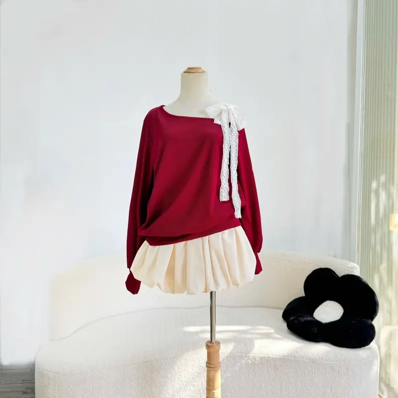 Set Bigsize CÓ LẺ ÁO (Áo + Váy) Áo Sweater Lệch Vai Dây Ren Vai Thun Nỉ Tăm Cao Cấp Phối Chân Váy Bí Ngô Dễ Thương Cho Nữ Chuppy (50-95Kg)-  Top Women 6