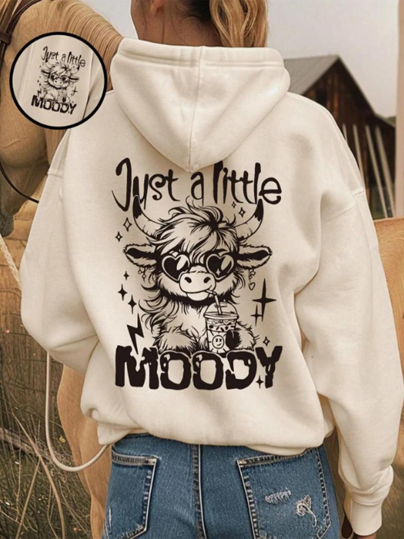 Product Introduction of Women's Cartoon Highland Cow Print Hoodie, Casual Thermal Lined Long Sleeve Hooded Sweatshirt for Fall & Winter, Women's Clothes for Daily Wear 1