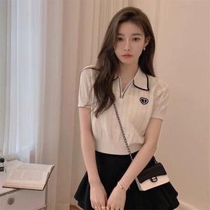 Simple Elegant Internet Celebrity Style Top Heart Embroidery Knitted Summer Polo Short Sleeve Knitted Youthful Zipper