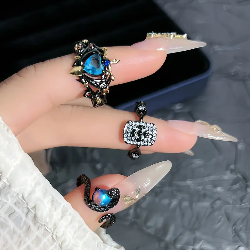 Dark punk style iris micro-inlaid love sea blue zircon fashion ring female hip-hop moonstone snake ring