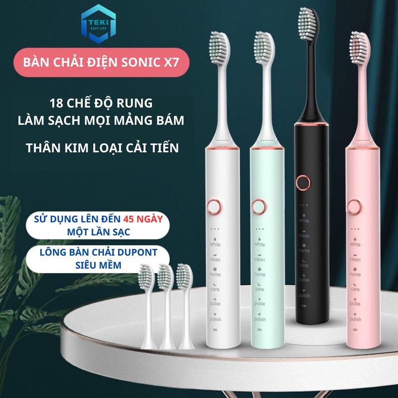 Bàn Chải Điện Đánh Răng Sonic X7 Thông Minh 6 Chế Độ Làm Sạch Tặng Kèm 4 Đầu Thay Thế Lông Mềm Cao Cấp | TEKI Trắng Răng